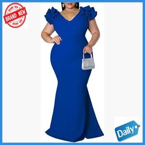 Plus Size Maxi Dress V-Neck Ruffle Sleeves Mermaid Evening Gown Formal